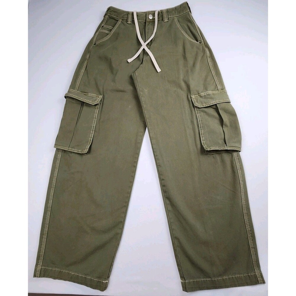 Bershka Wide-Leg Baggy Cargo Pants Army Green Womens 2 Utility Relaxed Gorpcore